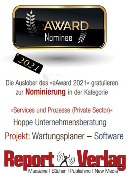 Instandhaltungssoftware  Report-Verlag eAward zur Nominierung in der Kategorie Services und Prozesse (Private Sector)