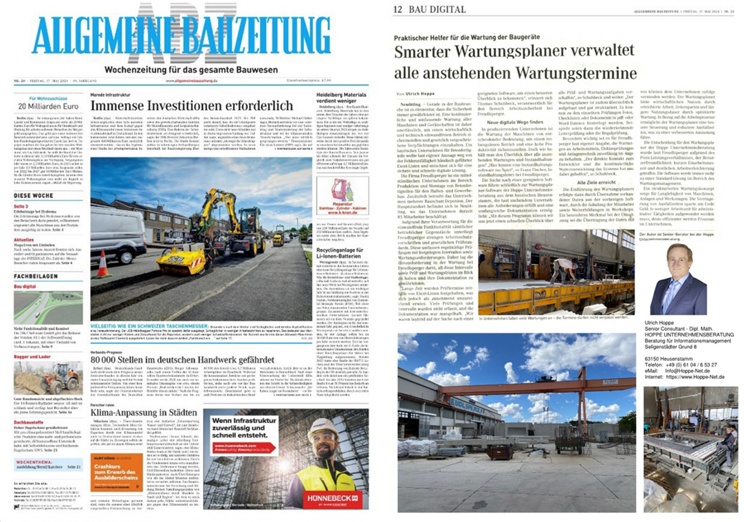 Allgemeine Bauzeitung Mai/24 -  Patzer Verlag. Smarter Wartungsplaner verwaltet knftig alle anstehenden Wartungstermine
