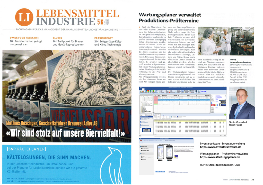 Lebensmittelindustrie Mai/24 - B2B Swiss Medien AG. Wartungsplaner verwaltet Produktions-Prftermine